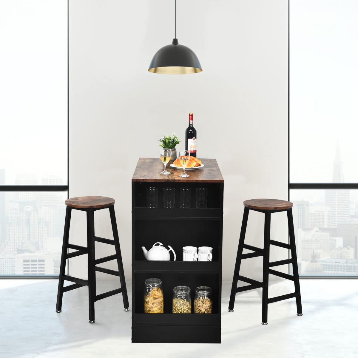 GIANTEX Ensemble de table et 2 tabourets, ensemble de meubles de bar, 3 pièces, salle à manger, style industriel, table avec 3 étagères de rangement, tabouret avec repose-pieds de différentes