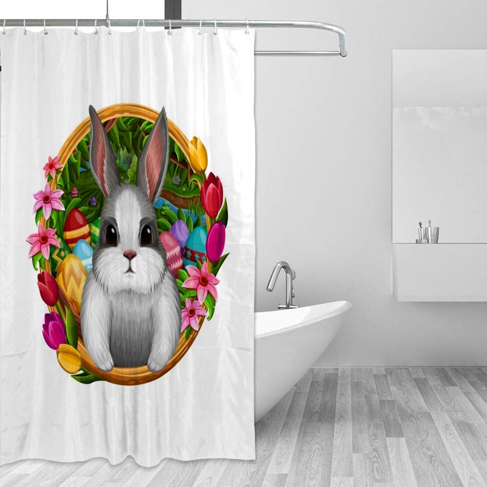 Rideau de douche imperméable motif lapin tissu polyester 66x72 inch pour rideau salle de bain