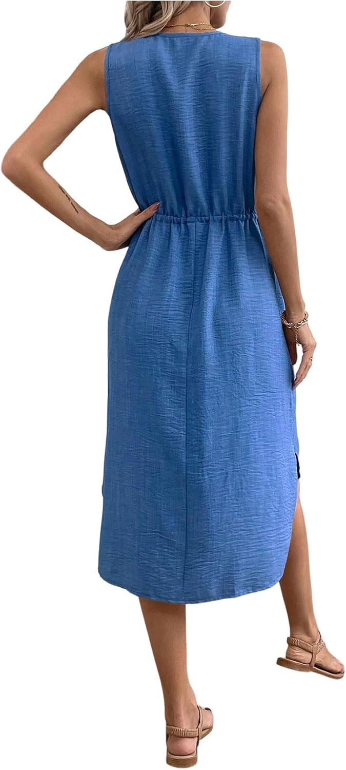 SweatyRocks Women's Casual Loose Fit Midi Dresses Button V Neck Sleeveless Hem A-line Dress - Image 5