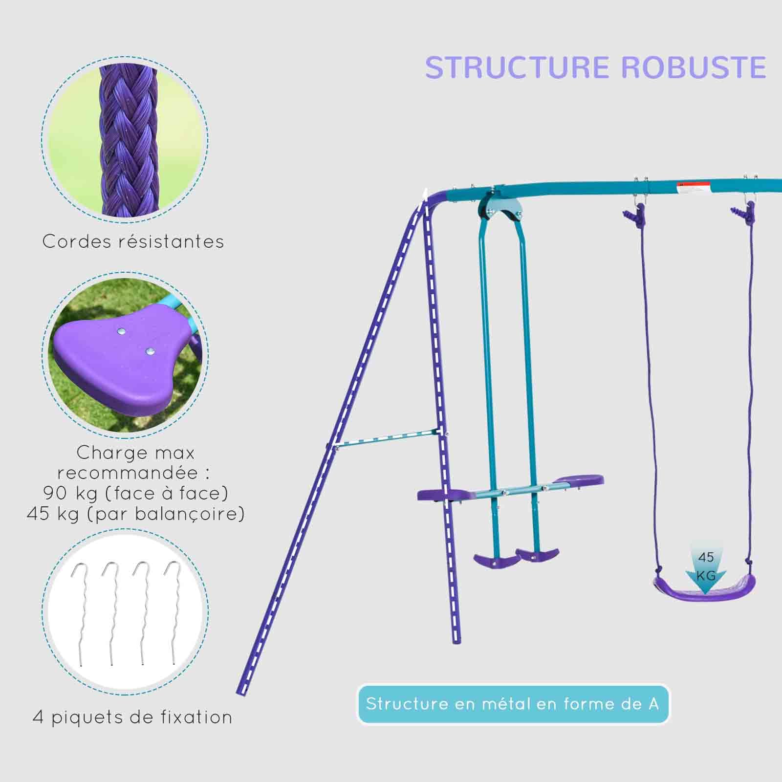 Outsunny Balançoire Portique Extérieur Enfant 3 en 1 Charge 180 kg Violet | 1 Balançoire Face à Face, 2 Sièges de Balancelle, Hauteur Réglable, en Métal, pour 3+ Ans