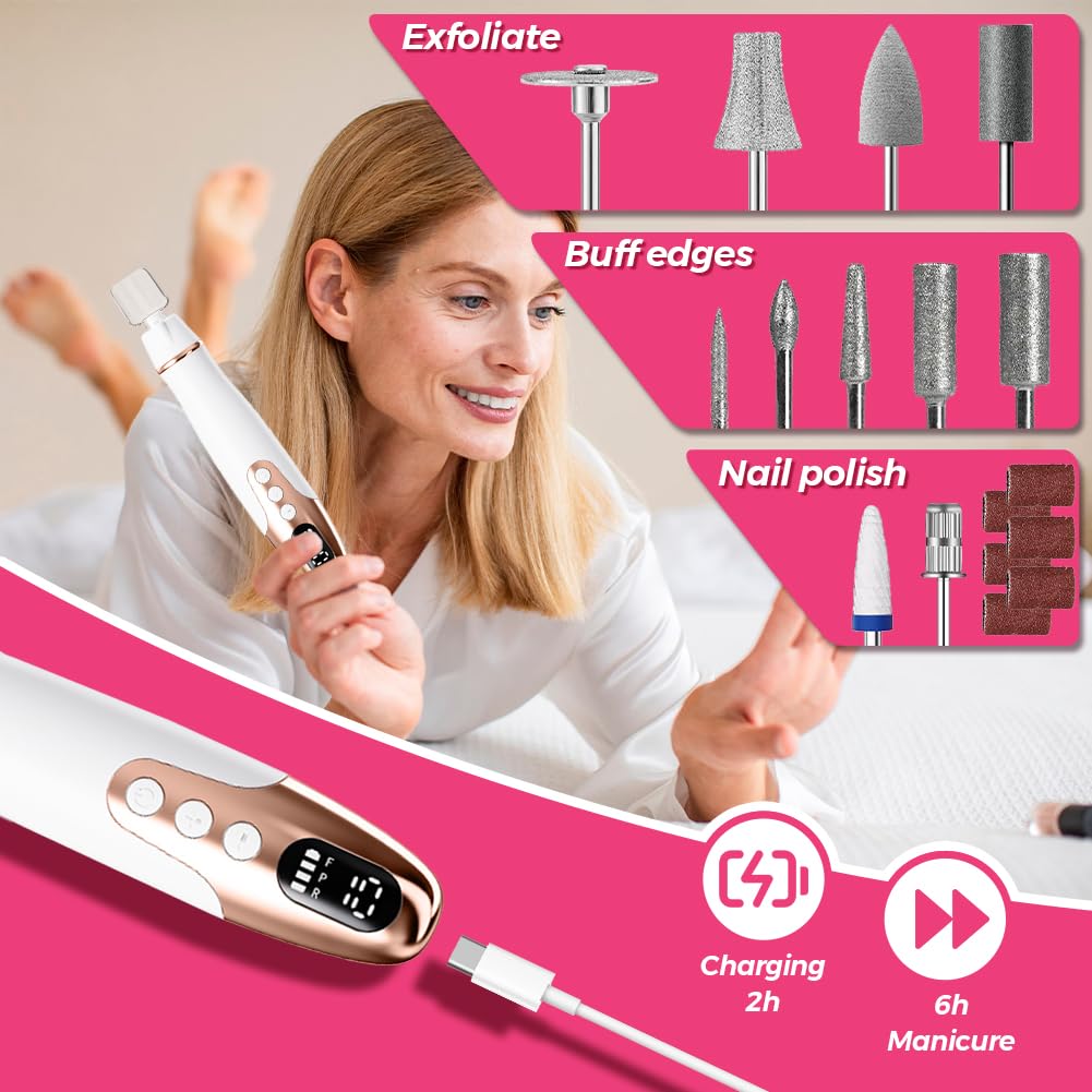 Joyzan Professional Manicure Pedicure Kit, Cordless Electric Nail Drill File Set LED Light Portable Thick Toenails Grinder Machine Toe Hand Foot Care Tool 35K RPM 10 Speeds Salon Cuticles Callus
