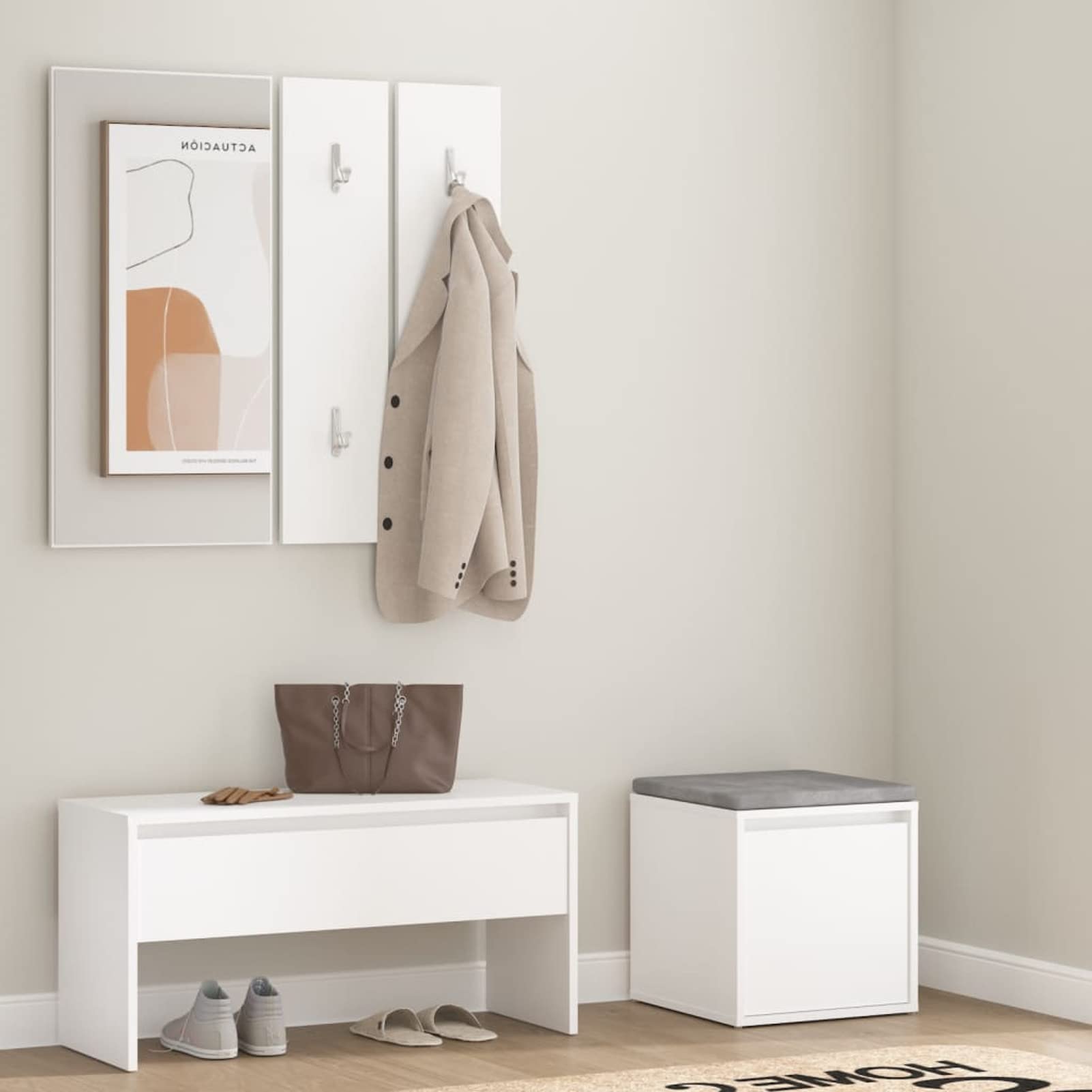 Banco de Entrada con Espejo y Perchero - Madera Contrachapada, Blanco, para Decoración y Almacenaje