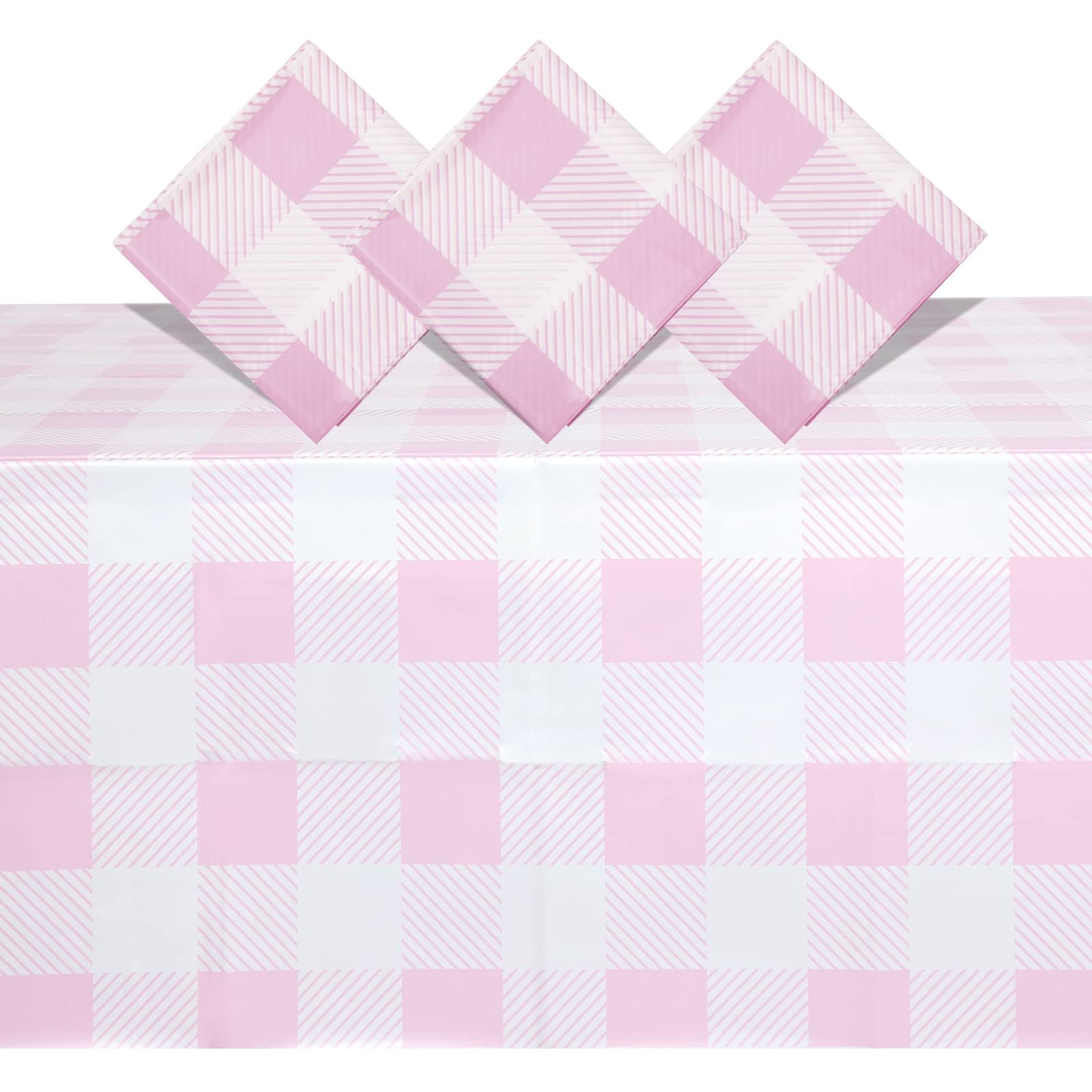 BLUE PANDA Rectangular Plaid Tablecloth - Glamping &amp; Camping Table Cover - Birthday &amp; Picnic Table Covers - Easy-Clean Disposable Tablecloth - Pack of 3, White &amp; Pink - 5 x 9 ft