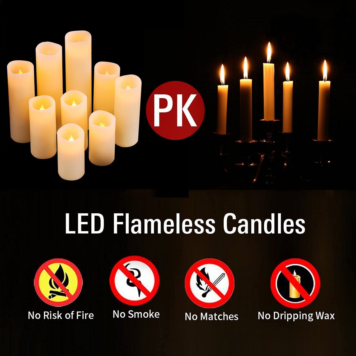 LED Kerzen, Flammenlose Kerzen Set von 9,Batteriebetrieben Kerzen Flackern, D5,5cmxH10/12,5/15/17,5/20/22,8cm, Echtwachs-Stumpenkerzen mit Fernbedienung und 24-Stunden Timerfunktion (Elfenbein)