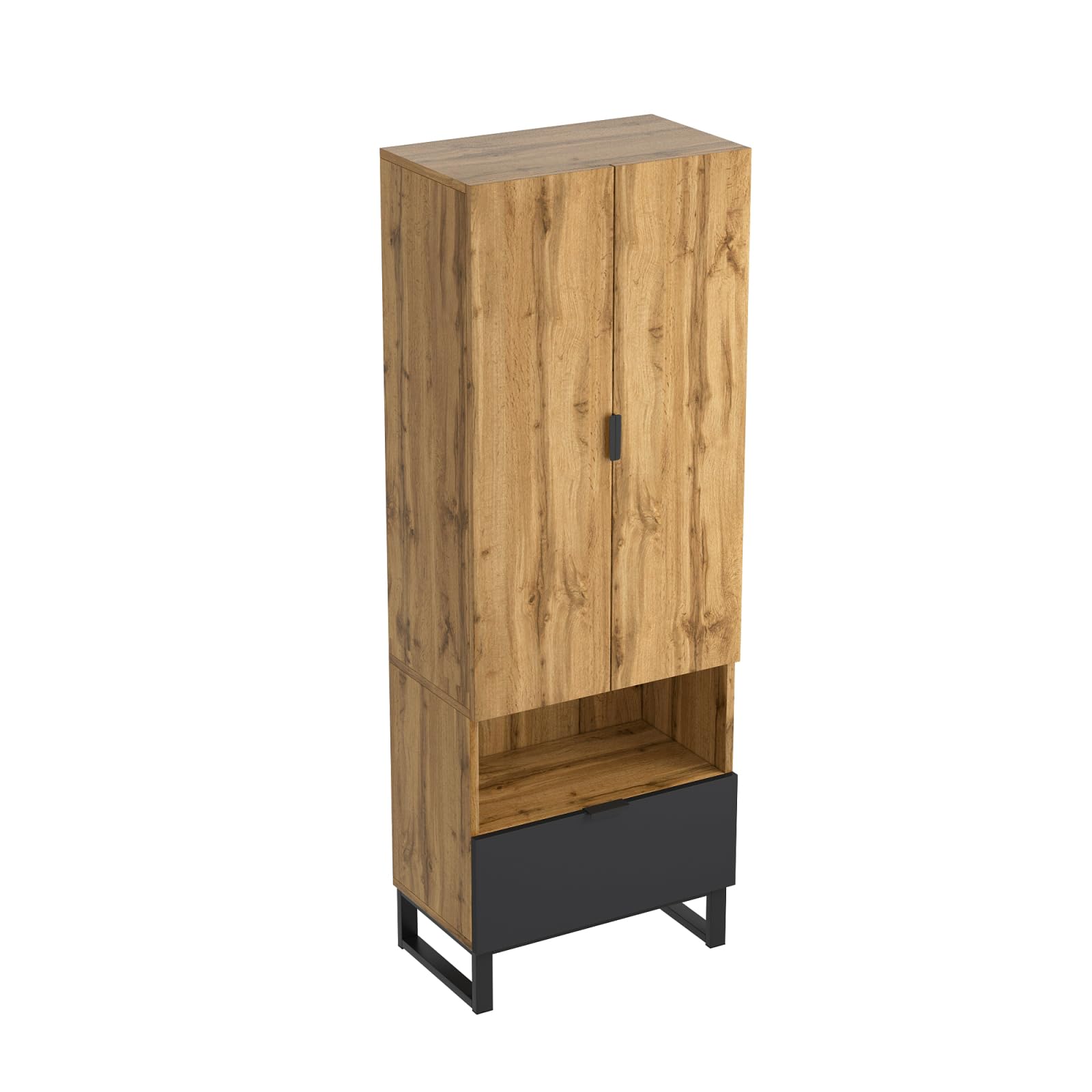 Set di cassetti, guardaroba compatto con ripiani regolabili e asta appendiabiti, set con 2 ante e maniglia, per corridoi e ingresso, 180 x 65 x 38 cm, legno e nero