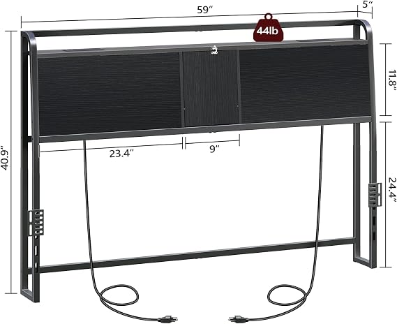 MAHANCRIS Headboard Queen Size Only, Headboard with 2 Power Strips, Industrial Head Board with Flip Door and Bed Frame Adapter, Height Adjustable, Black