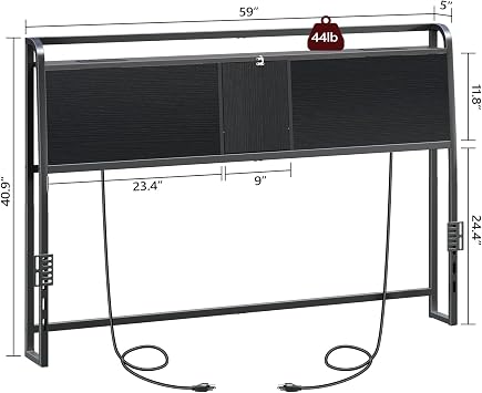 MAHANCRIS Headboard Queen Size Only, Headboard with 2 Power Strips, Industrial Head Board with Flip Door and Bed Frame Adapter, Height Adjustable, Black