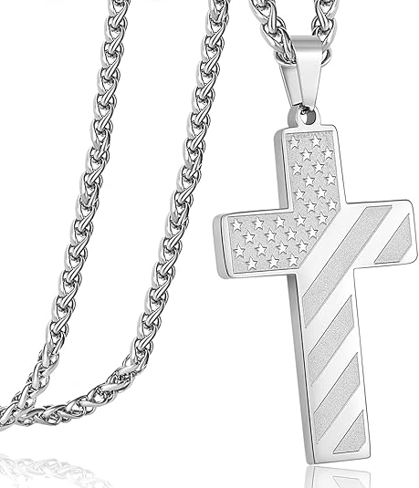 DuoDiner 24 Inch Cross Necklace for Men Boys Kids Bible Verse American Flag Pendant Baptism Religious First Communion Jewelry Gifts