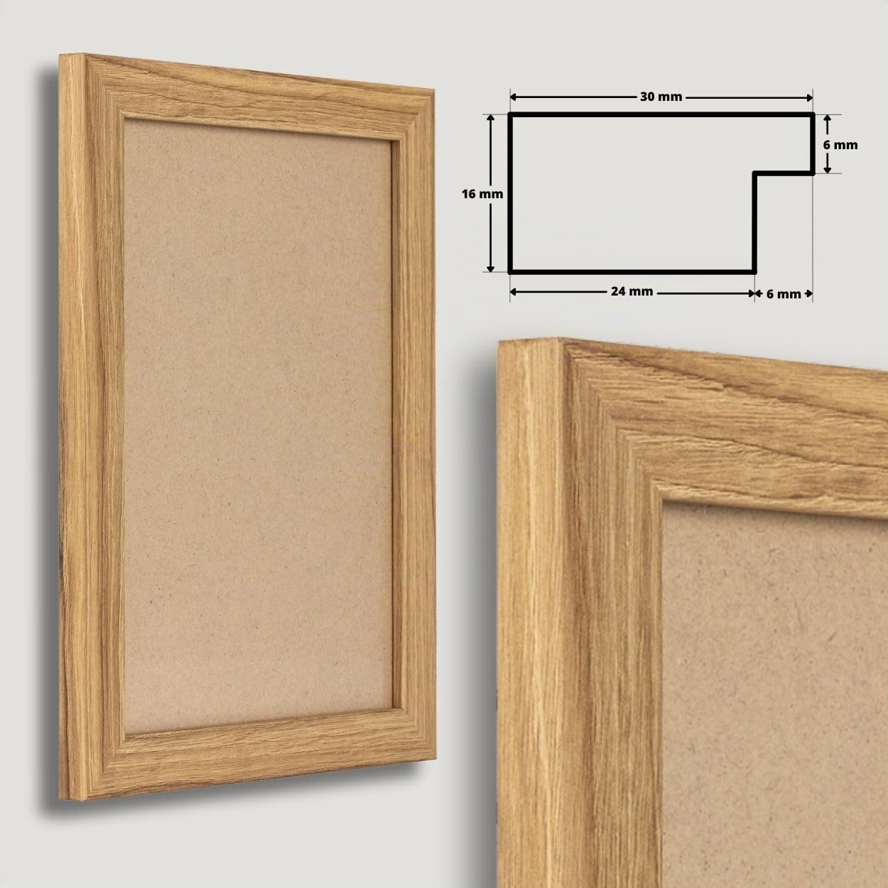 N°2 Bilderrahmen 84,1x118,9 cm Bildmaß, Eiche Catania, MDF Holz | eckige Profilleiste 30 mm foliert, Kunstglas glasklar & bruchsicher, HDF-Rückwand, Metall-Zackenaufhänger, handgefertigt
