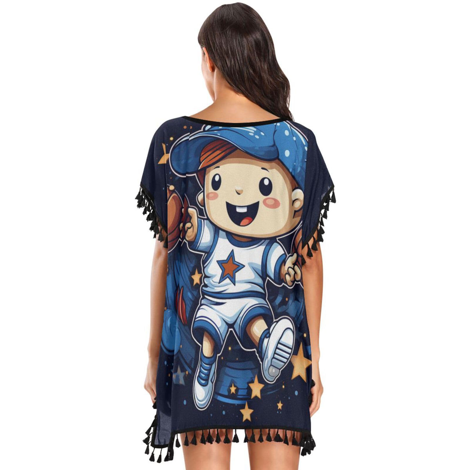Cartoon Star Unicorn Basketball Women's Beach Cover Up Chiffon Tassel Swimwear Swimsuit Coverups for Girl