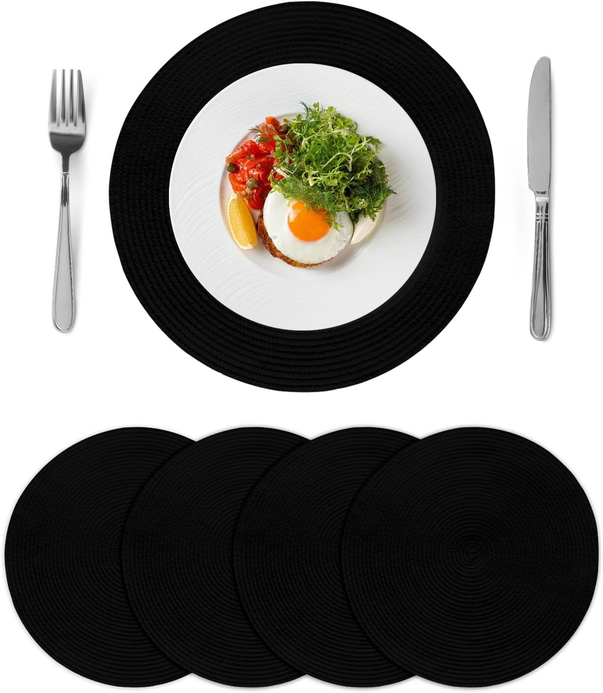 4PCS Round Braided Placemats,Black Washable Woven Placemats Coffee Mats 15 inch Heat Resistant Kitchen Table Mats for Dining Table
