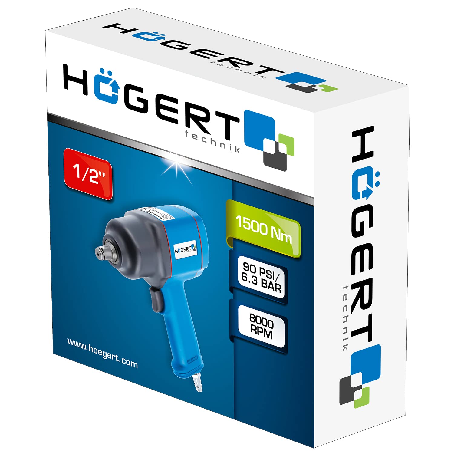 Högert Technik - Pneumatyczna wkrętarka udarowa 1/2" I mechanizm udarowy - Twin Hammer I zakres mocy do 1500 Nm I 3 zakresy pracy I przełącznik kierunku obrotu w lewo/prawo I HT4R623