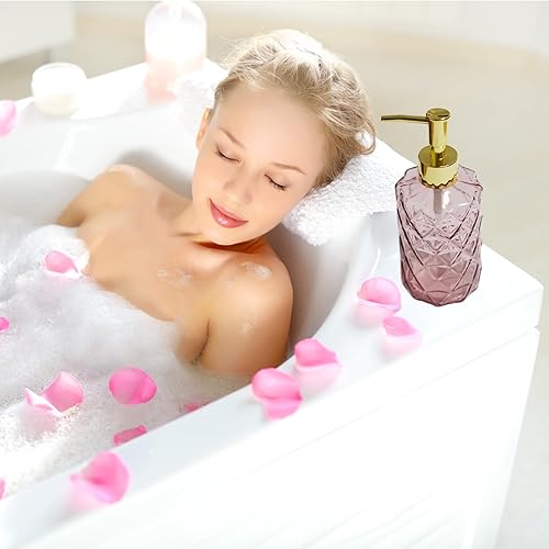 Miniatura 6 de Dispensador de jabón de vidrio con bomba de plástico dorado, dispensador de jabón líquido recargable de 12 onzas, paquete de 2 botellas de loción de