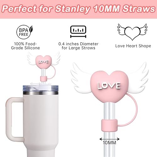 Miniatura 2 de 6 tapas de popote para copa Stanley, diseño de corazón de silicona para vaso Stanley de 30 y 40 onzas con asa, puntas de popote reutilizables a