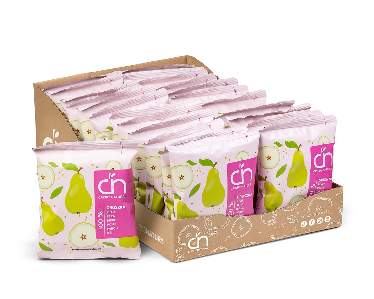 Crispy Natural Peras Chips 24x18G Chips de Frutas Deshidratadas Naturalmente Crujientes y Saludables Sin Azúcares Añadidos Fuente de Fibra Pequeños Bocados Sin Gluten