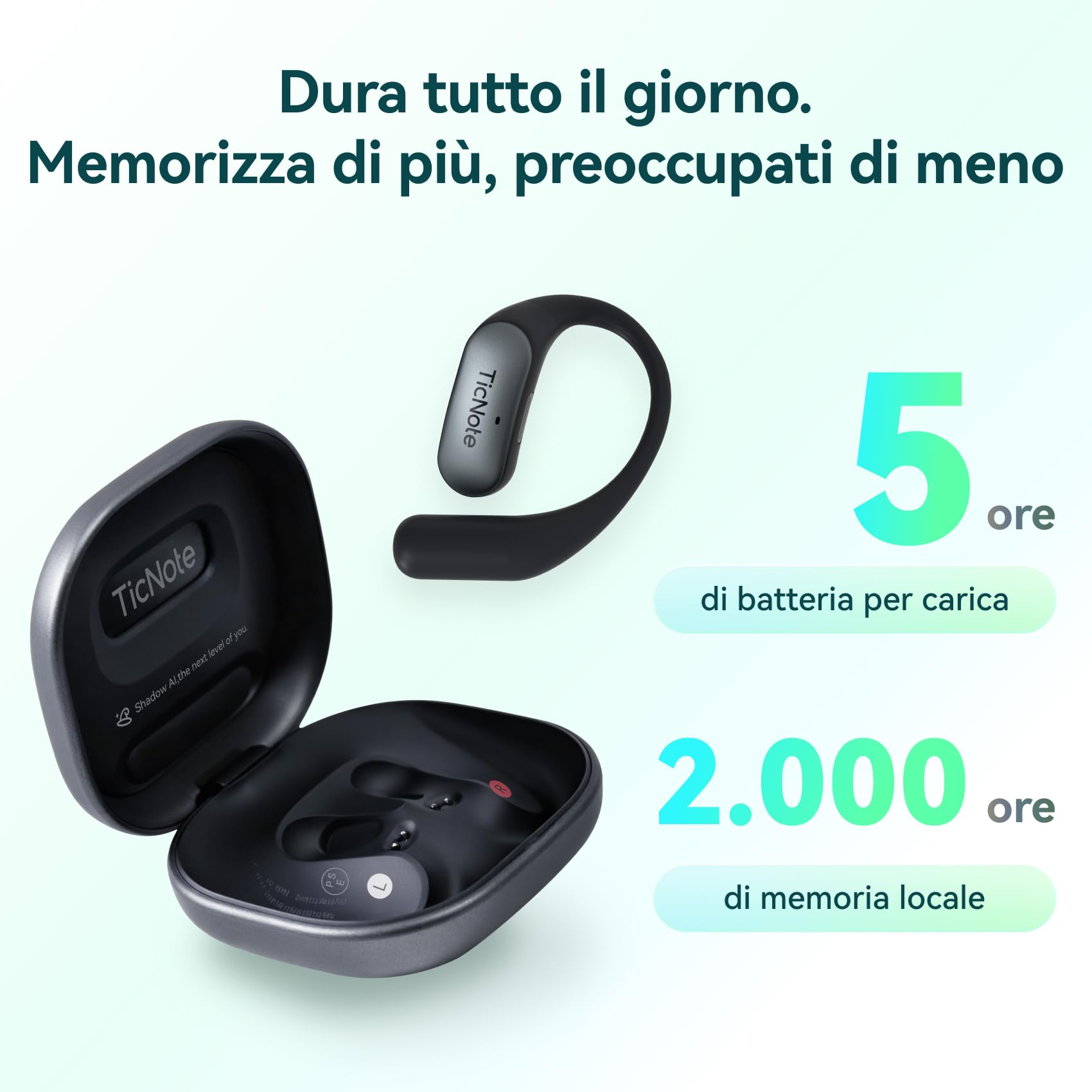 Mobvoi TicNote Pods Registratore Vocale AI Indossabile, 4G Integrato – Registrazione e Sync senza Smartphone, Attivazione Vocale, Trascrizione & Note Riunione, Calls & Meetings, 120+ Lingue, 5 Ore