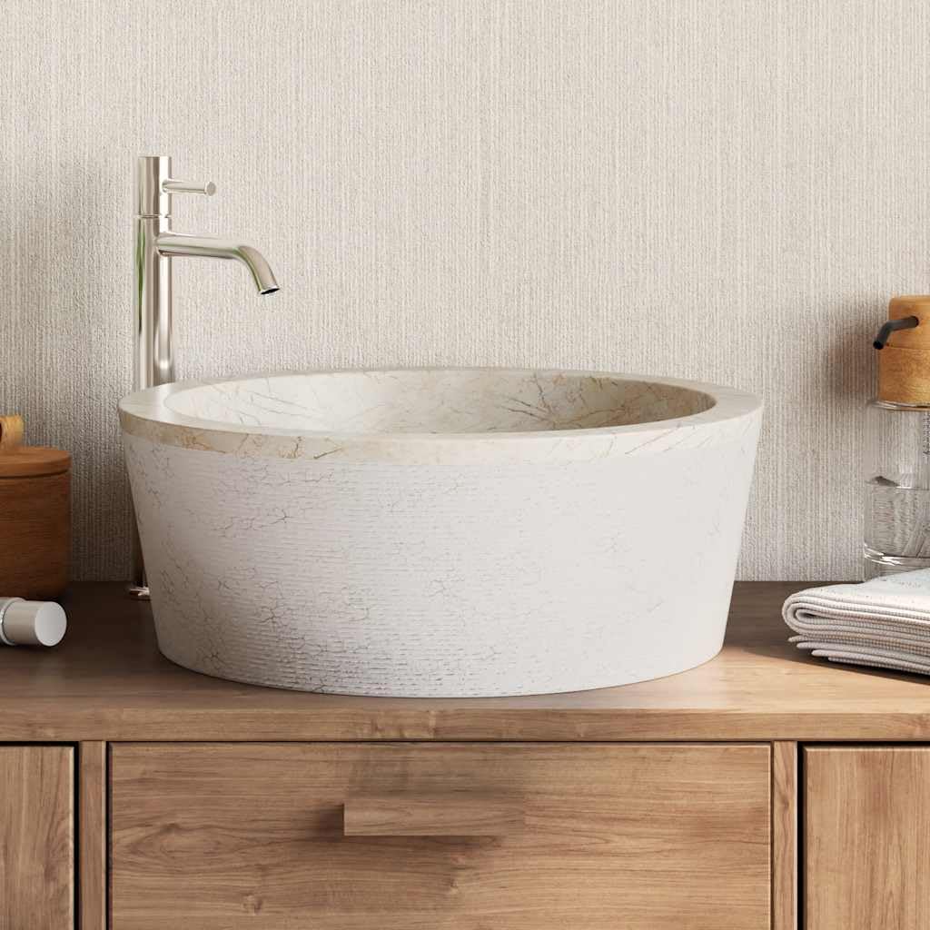 Lavabo de mármol hecho a mano, color crema, diámetro 40 x 15 cm, accesorio para baño, lavadero e inodoro de invitados, redondo con orificio de drenaje de 4,5 cm