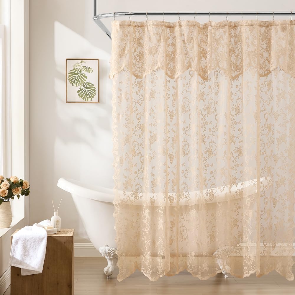 HLC.ME Spitzen-Duschvorhang Mit Floralem Ranken-Design – 183x183 Cm, Taupe, Angenähter Volant, Viktorianischer Stil