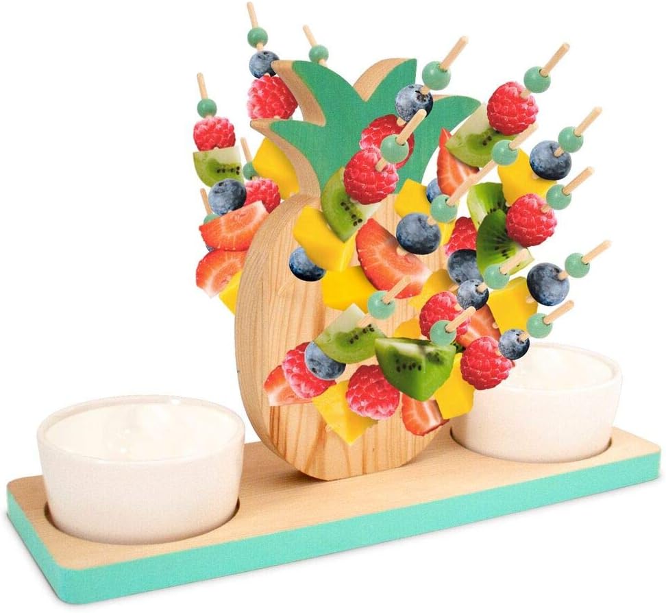 23 Bees, Pineapple Party Fruit Skewers, Wood Pineapples Theme Decorations, Includes Appetizer Picks & Cocktail Bowl Set, For Weddings, Catering, Parties, Birthdays (2 Bowls, 25 Pick Set)