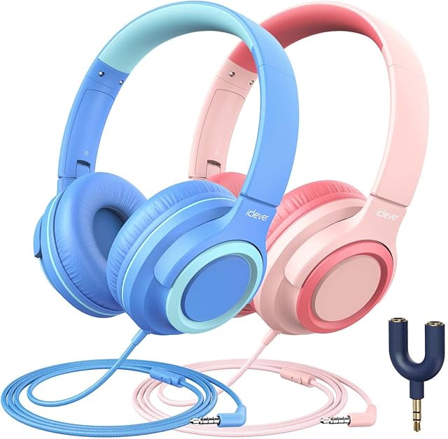 iClever [2 Pack] Kids headphones for girls boys 94dB Safe Volume Limited - Wired Headphones with Sharing Splitter, Tangle-Free Foldable Stereo Headphones for School/Tablet/Travel MP3/4