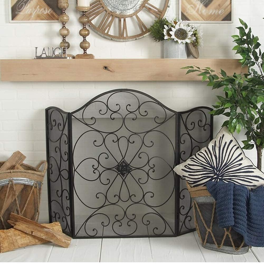 Fireplace Screen Guard, FireplaceProtection Black Extra Large Fire Screens for Baby Safety， 3-Panel Wrought Iron FireplaceGuard with Mesh， Decorative Scrollwork Design (Size :