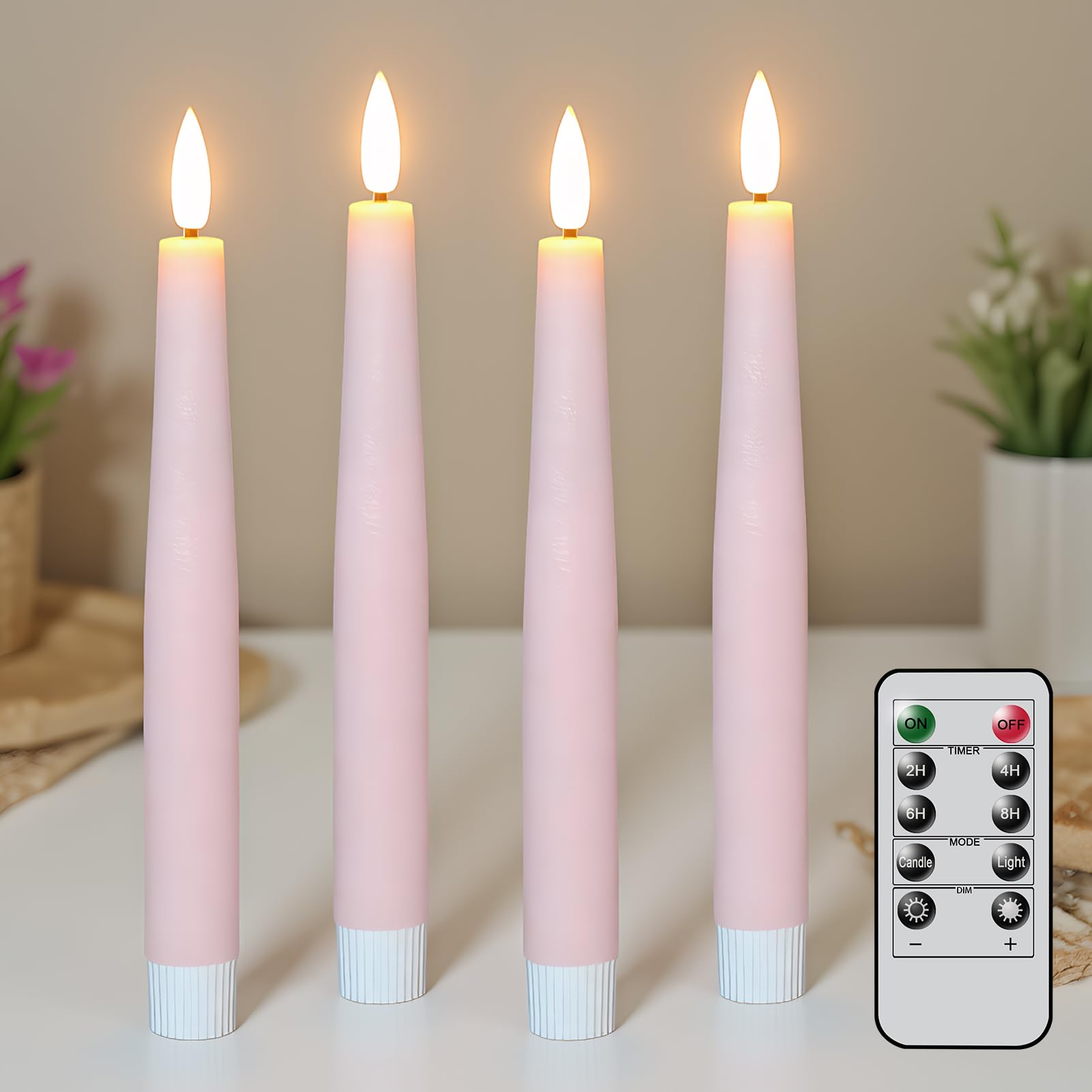 Candele coniche senza fiamma rosa, candele a LED tremolanti coniche a batteria con timer remoto, 4 candelieri senza fiamma per decorazioni primaverili per matrimoni e per la casa (D0,78 "x