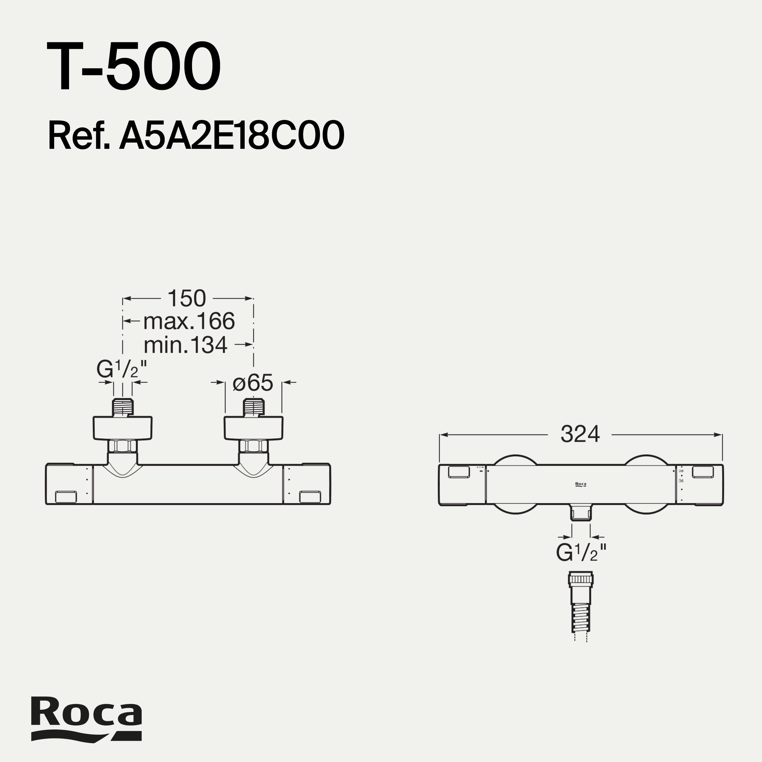 Roca,T-500,Grifería termostático exterior para ducha,A5A2E18C00