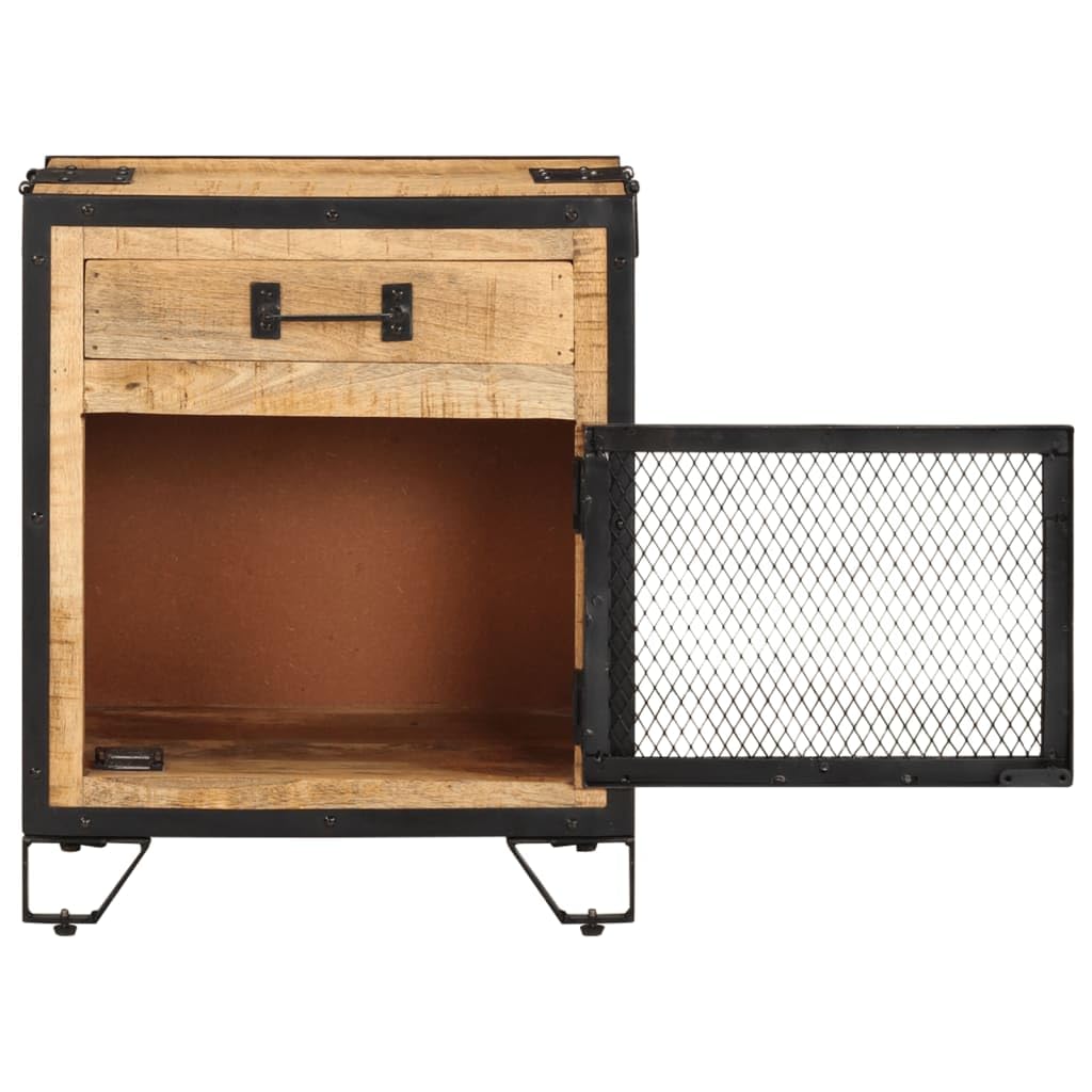 Table de chevet 43 x 30 x 51 cm en bois massif de manguier rugueux avec porte grillagée en acier - Design moderne - Commode de chevet robuste pour chambre à coucher et petites pièces