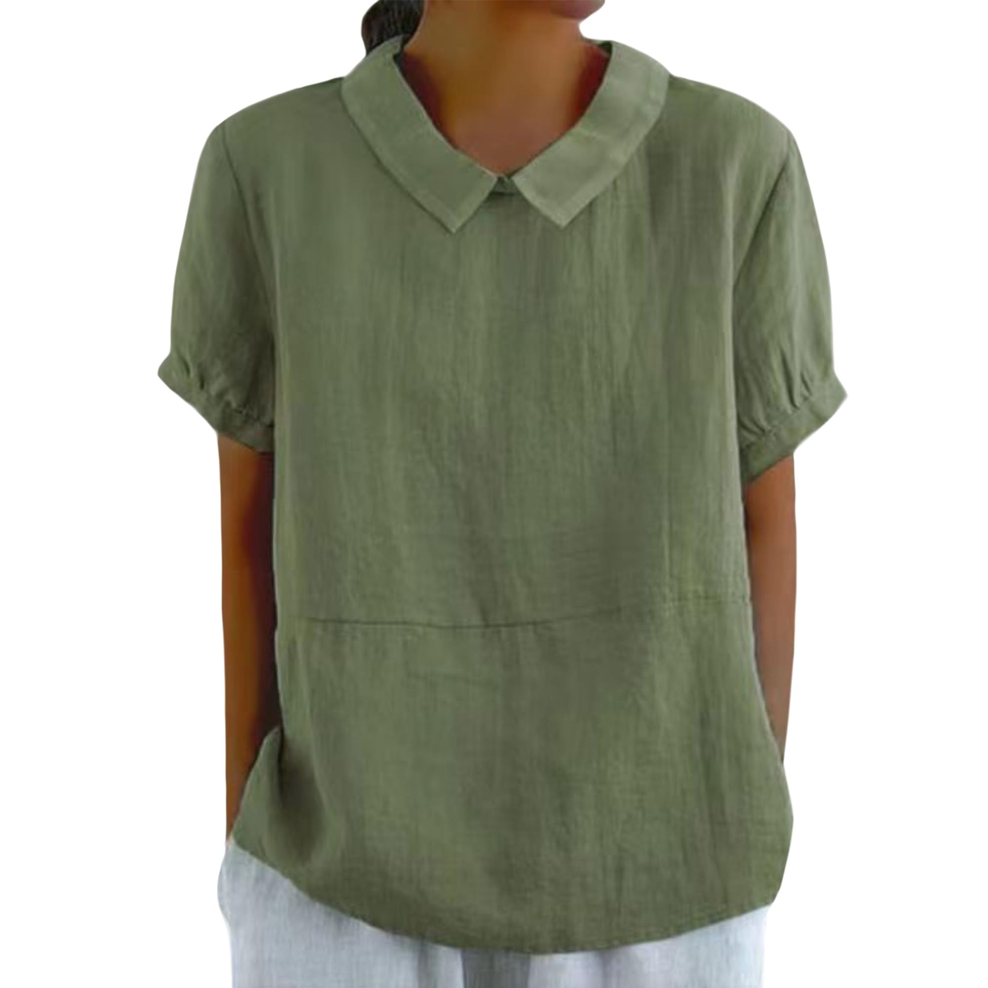 QANSI Women Cotton Linen Tops Summer Solid Collared Short Sleeve Shirt Casual Loose Tunic Tops Blouses 2024