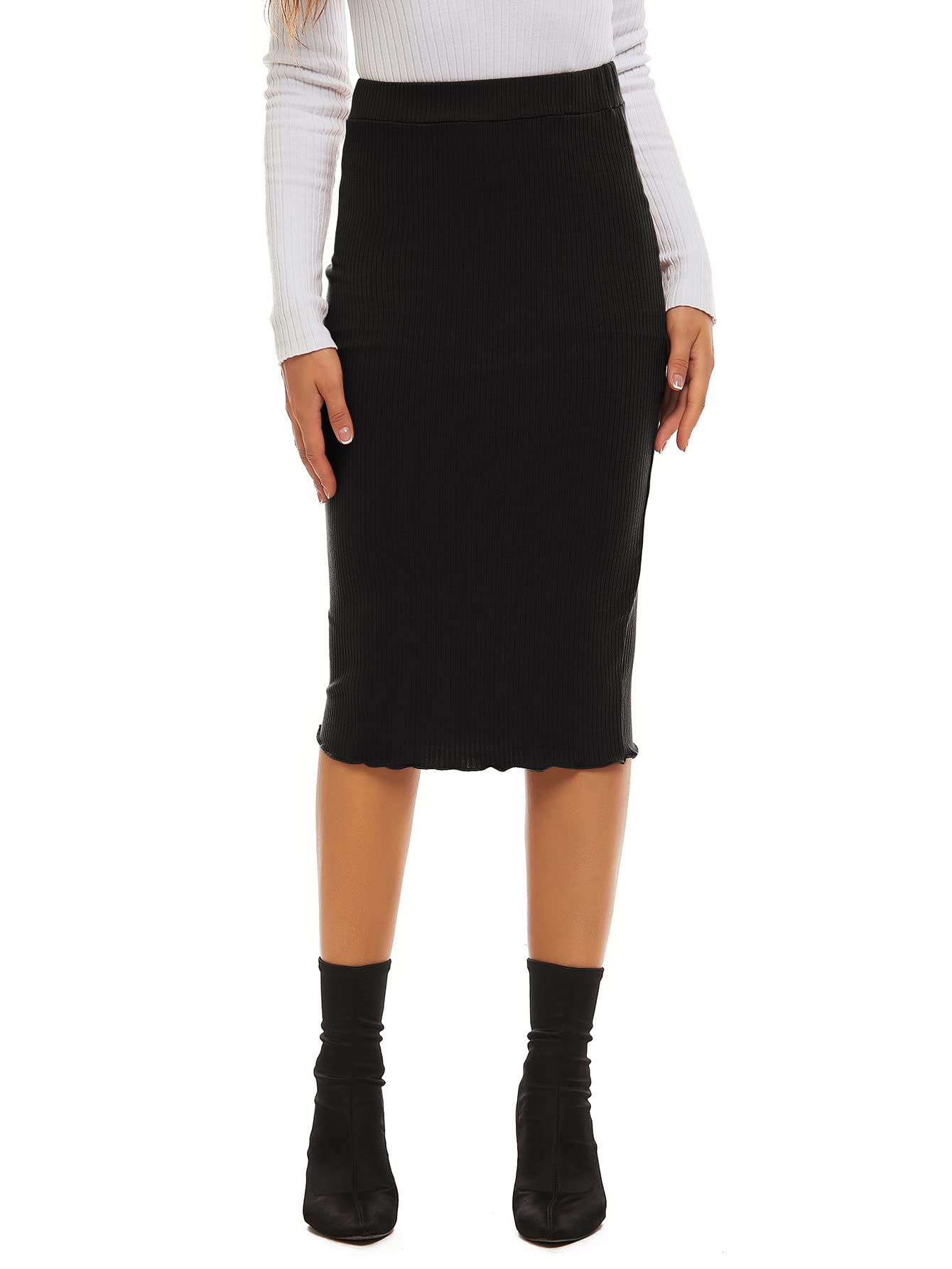 Photo 1 of LYANER Women's Casual Ribbed Elastic Waist Lettcue Trim Bodycon Midi Skirt XL