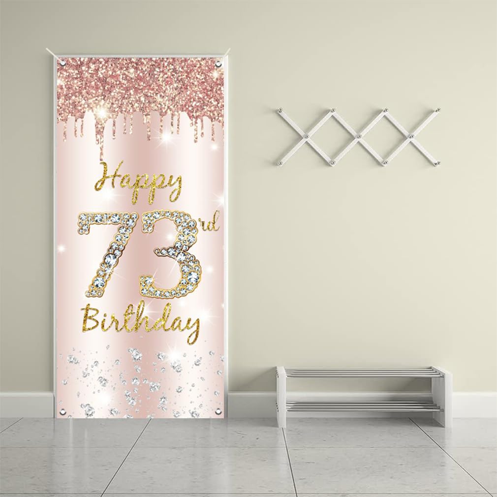 73. urodziny dekoracja damska, Happy 73rd Birthday Door Banner różowe złoto, 73. urodziny tkanina tabliczka plakat dekoracja drzwi, 73. urodziny tło baner damski, przyjęcie urodzinowe tabliczka