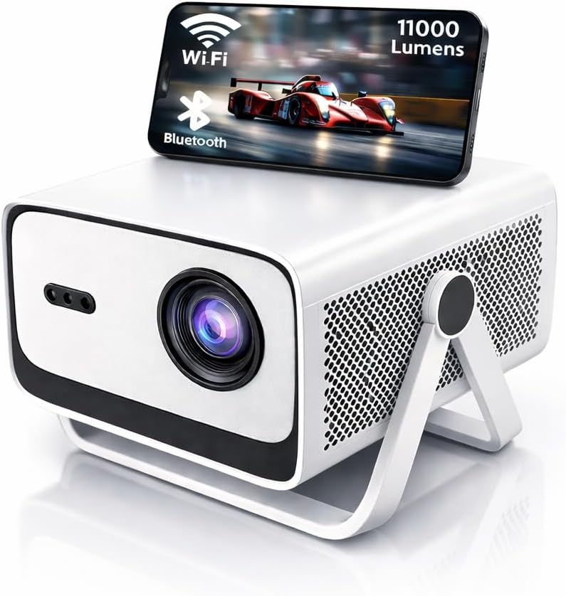 HINISO Mini Projector for Home, Native 1080p Full HD with 4K Support, 11000 Lumens Portable Projector with Auto Focus and Adjustable Stand, WiFi 6, Bluetooth, Android 13