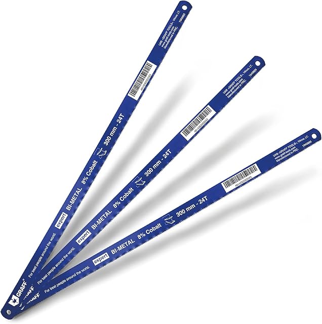 GRAFF 8% Cobalt Hacksaw Blades 12 Inch for Metal and Stainless Steel cutting - 300mm Hacksaw Blades 24 tpi - Handsaw Blades Replacement Bi-Metal - Pack of 3