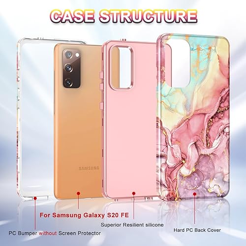 Miniatura 2 de Btscase Funda para Galaxy S20 FE 5G patrón de mármol 3 en 1 resistente a prueba de golpes cuerpo completo policarbonato duro y suave protección