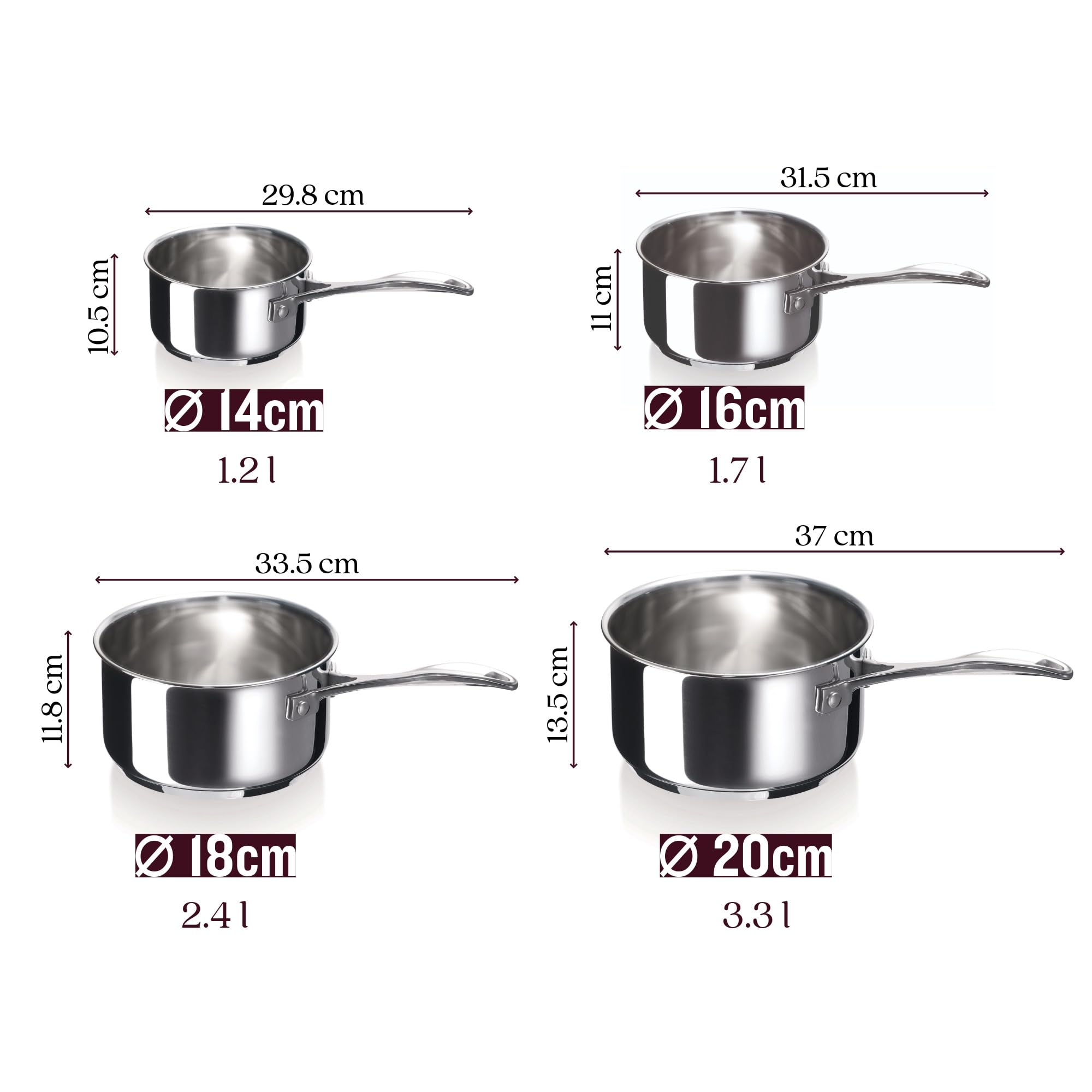 Beka Chef - Lot de 4 Casseroles Inox 18/10 - 14/16/18/20 cm - Tous Feux Compatible Induction - Acier Inoxydable