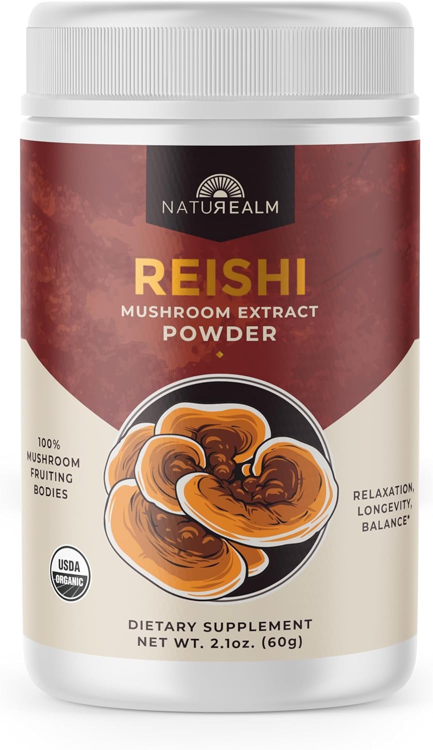 Naturealm Reishi Mushroom Powder Supplement - Organic Reishi Mushroom Extract Powder for Wellness & Cognitive Support - 60-Day Supply with Red Reishi MushroomsUSDA Organic