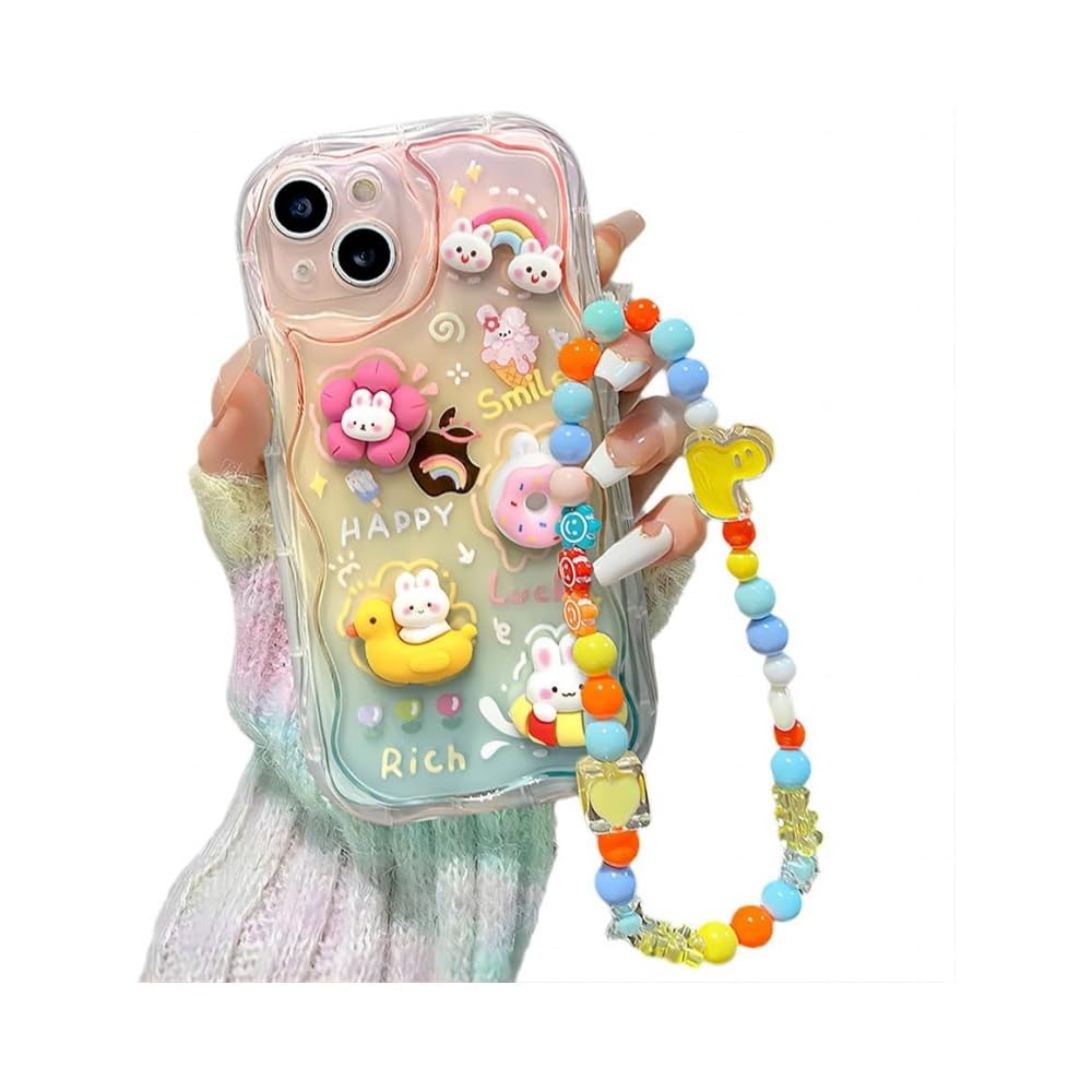 Dzdcase Designed for iPhone Case,Cute Rainbow Rabbit Duck Kawaii Cartoon Animal Wristband Strap Bracelet Chain Soft Shockproof Cover Phone Case (Pink,