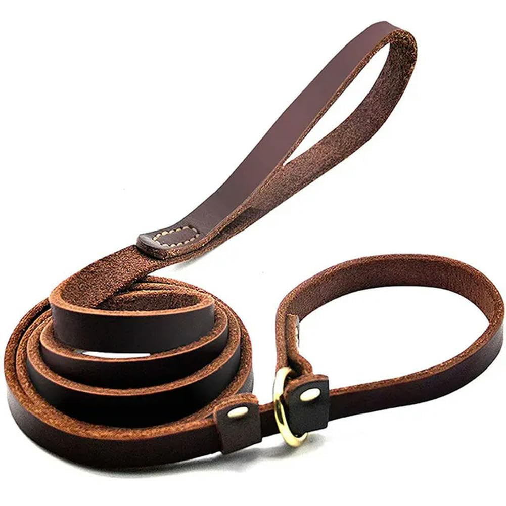 Real Leather Dog Slip Lead Leash Adjustable Pet Dog Slip Chain with Slider Strong Flat Leather Dog Training Leash for Large Dogs