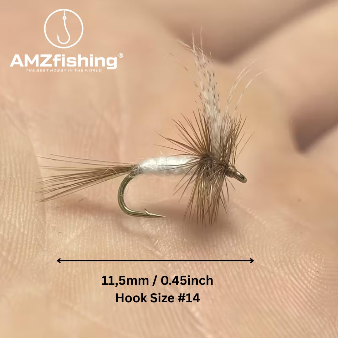 NEU AMZfishing® 2 Stück handgebundene Trockenfliegen #14 Adams Mayfly | Fliegenangeln Forelle | Adams Dry Fly Forellenangeln | Fliege Forelle | Fliegenfischen Äsche | Trockenfliegen