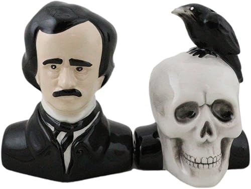 Ebros Gift Poeta gótico Edgar Allen Poe con cuervo negro en el cráneo decorativo de cerámica salero y pimentero Figuritas Quoth The Raven Nevermore