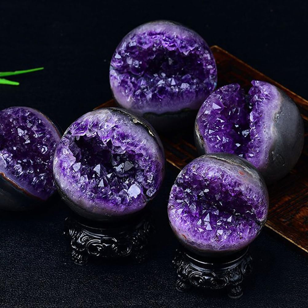 Amethyst Druzy Geode Crystal Ball Stone Sphere Ball Amethyst Cluster with Stand for Witchcraft Divination Home Office Decor,100~150g