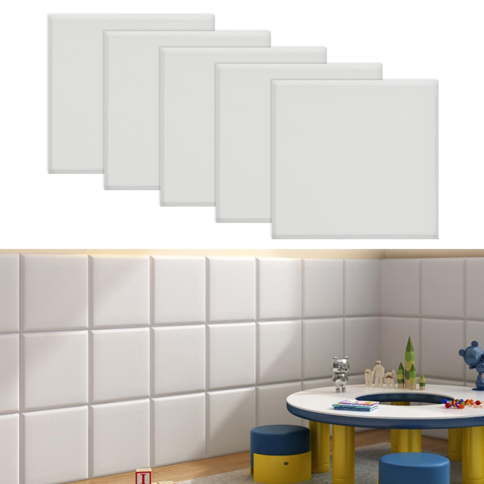 Inscrip 3D Anti-Collision Wall Padding, 4Pcs Peel and Stick PVC XPE Foam Wall Pads, Waterproof Thicken Tatami Nursery Stickers, for Headboard, TV Walls, Kids Room, Hallways (White 35 * 35cm)