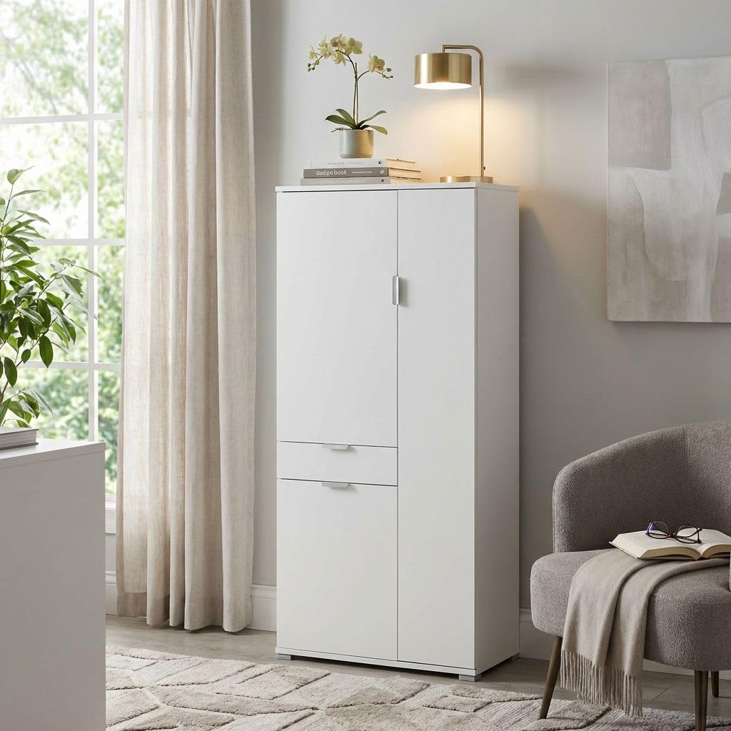milani home - armadio multiuso 3 ante e cassetto 75 x 38 x 174 cm, bianco, truciolare bilaminato, Made in Italy