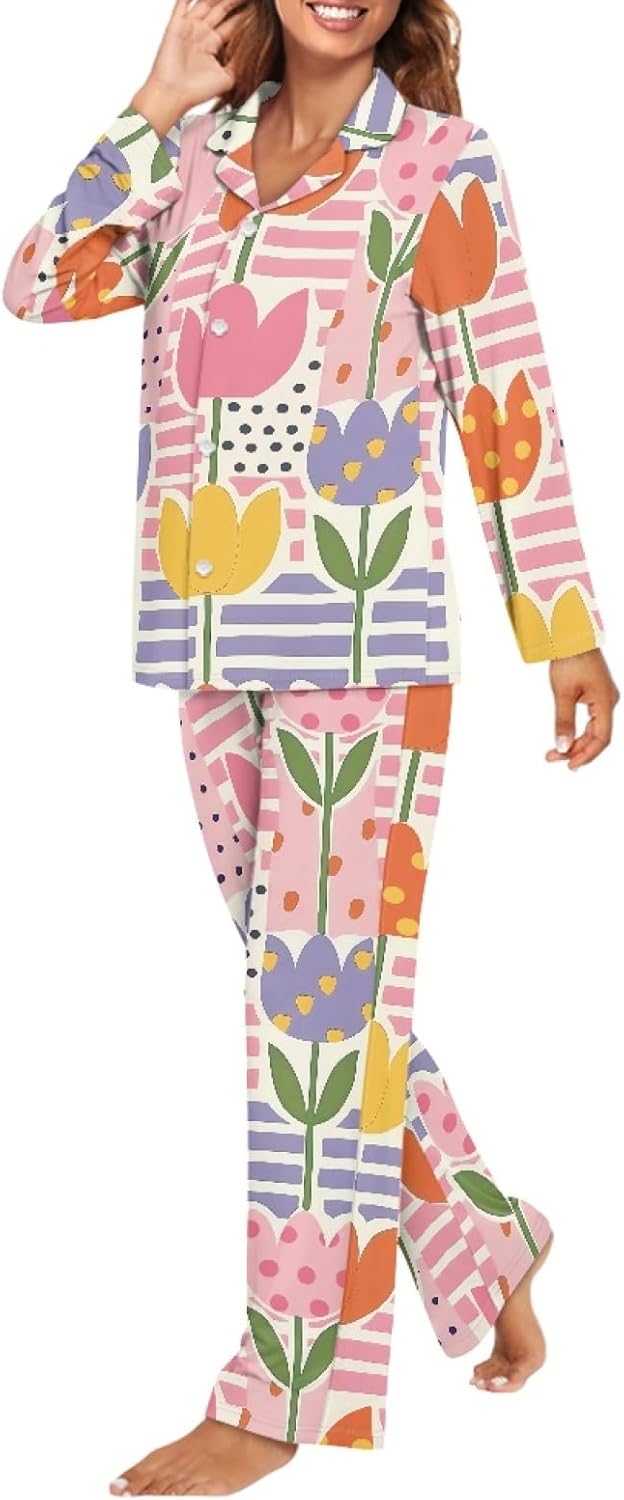 Pajama Set for Women - Comfy Long Sleeve Button Up Sleepwear with Pockets Soft Pj Sets Loose Fall Pajamas