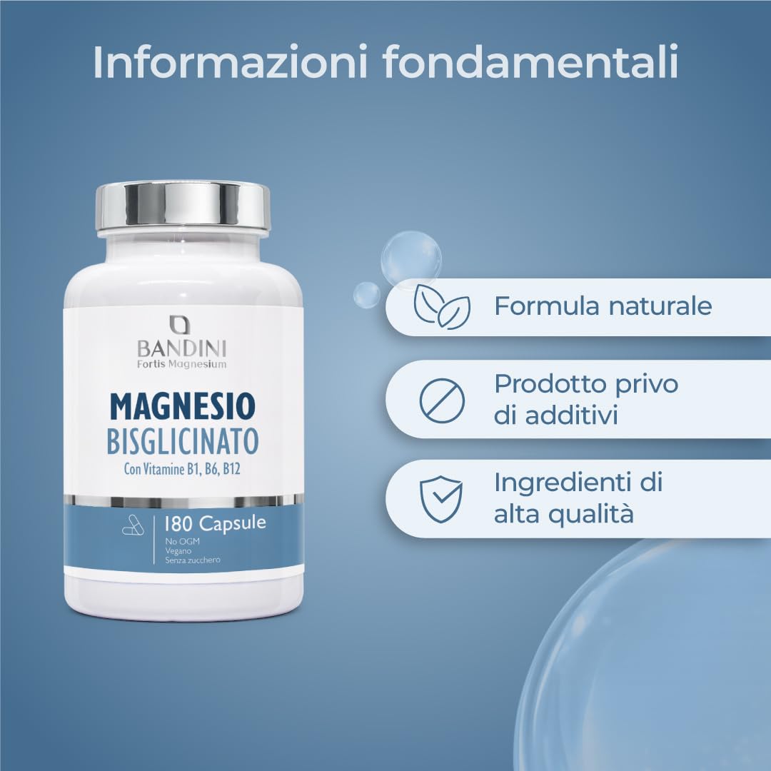 Bandini® Magnesio Bisglicinato 180 Capsule (2 mesi), 350 mg di Glicinato, Chelato per dose arricchito di Vitamina B1, B6, B12 Anti stress e fatica, Integratore per Sistema Nervoso, 100% Vegan