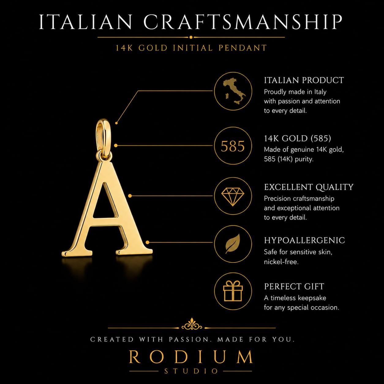Rodium – Buchstabenanhänger A aus 585er Gelbgold – 14-Karat-Initialen-Anhänger für Halskette oder Armband – Geschenk für Frauen – hergestellt in Italien