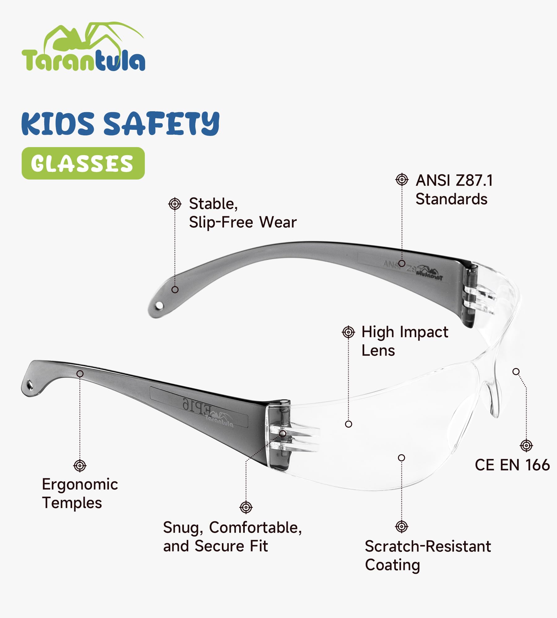 Tarantula Schutzbrille für Kinder, ANSI Z87.1 & EN166 zertifiziert, kratzfest, stoßfest, bruchsicher, Jugendgröße, mehrfarbig, 6 Stück