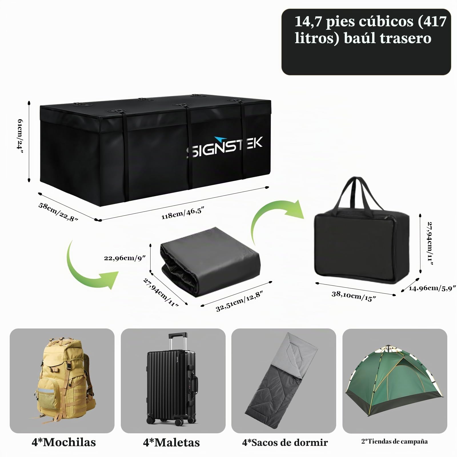 Signstek Caja trasera enganche remolque, bolsa equipaje extensible, impermeable, duradera suave, 417 L, 500 D PVC, para familia, al aire libre, escapada fin de semana