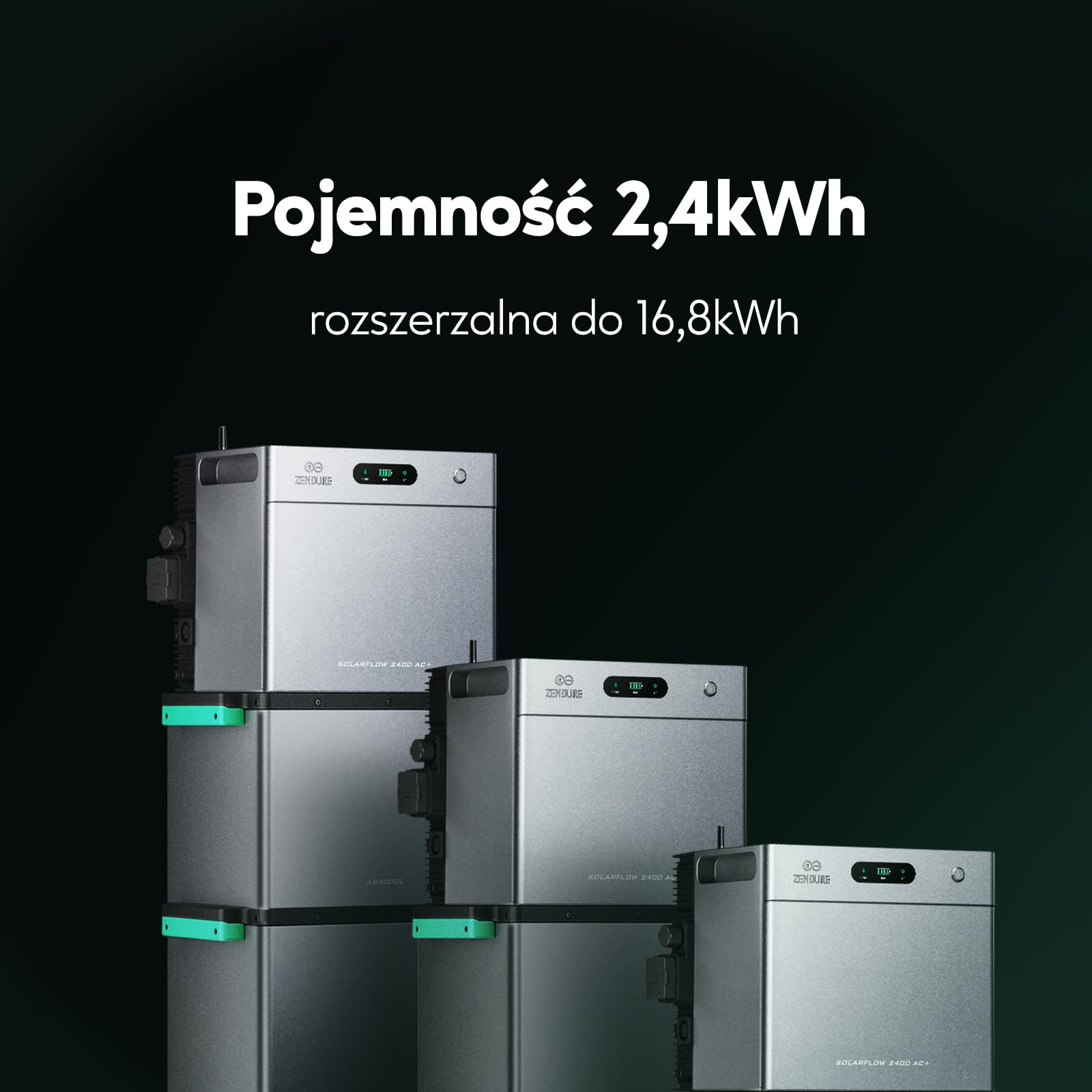 Zendure SolarFlow 2400 AC+ Elektrownia Balkonowa z Zasobnikiem (2,4kWh), Dwukierunkowym AC 2400W, Możliwością Rozbudowy do 16,8kWh (do 5 Akumulatorów AB3000L), Plug & Play, IP65