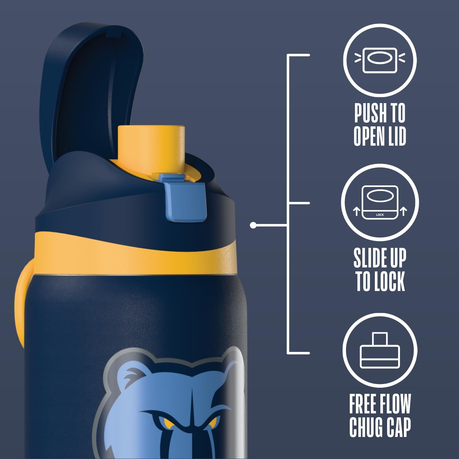 Hydrapeak x NBA Officially Licensed Memphis Grizzlies Oasis 32 oz Water Bottle with Chug Lid Push Button, Stainless Steel Water Bottle No Straw, 32 oz Insulated Water Bottle